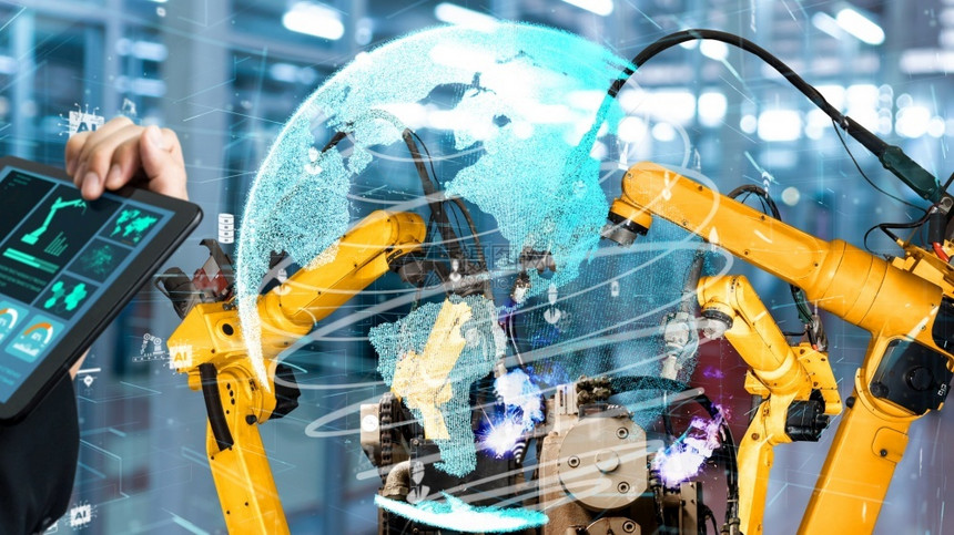 電腦現實工業第40或次工業革命和IOT軟件管制操作的自動化造過程概念智能工業機器人武現代化以創新工廠技術為革進行機械化現代項目工